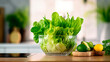 Lettuce salad leaves in a glass bowl on light background kitchen vitamin diet nutricion cooking, avocado, ingredients green tasty vegetarian dinner