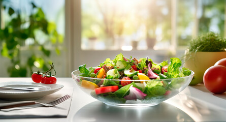 Lettuce salad leaves in a glass bowl on light background kitchen vitamin diet nutricion cooking, avocado, tomato ingredients green tasty vegetarian dinner