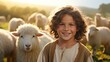 Capturing serenity: a tender portrayal of the little child Jesus Christ herding sheep, an endearing and symbolic scene embodying innocence, faith, and the pastoral charm of the biblical narrative