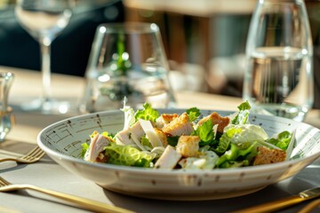 Sticker - Caesar salad with lettuce croutons cheese chicken and special dressing served on a white plate with water and gold cutlery on the restaurant table