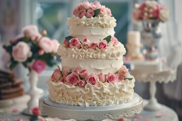 Sticker - A multi layered wedding cake sits on a stand adorned with white and pink cream and roses Pink flowers grace the cake