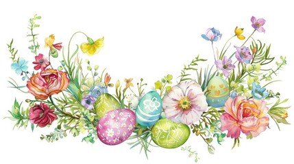 Wall Mural - Watercolor illustration, Easter theme with a wreath of spring flowers and eggs, central blank space for text, vibrant and fresh colors. Card, frame. Banner.