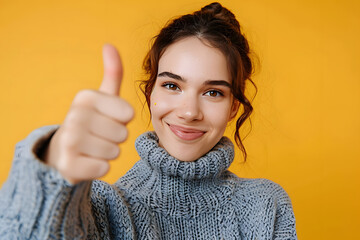 Wall Mural - Close up young woman she wear grey knitted sweater shirt casual clothes doing selfie shot pov on mobile cell phone show thumb up isolated on plain yellow background studio portrait. Lifestyle concept