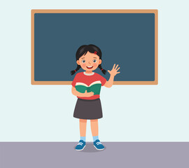 Poster - Cute little girl holding book standing in front of class reading speaking