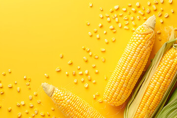 Wall Mural - Fresh corn cobs and seeds on yellow background