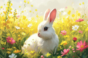 Wall Mural - Illustration of cute fluffy rabbit sitting on spring field with flowers and grass. Happy Easter. Cartoon character for nursery, baby shower. Background, card, banner with copy space
