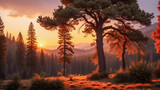 Fototapeta Na ścianę - A serene scene of sunset, amidst lush trees, vibrant colors of spring, and the soothing embrace of nature's beauty, Nature landscape wallpaper. Generative ai