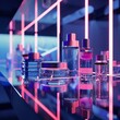 © KurmaStudio - Neon lights accentuate elegant perfume bottles on a sleek shelf