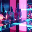 © KurmaStudio - Neon lights accentuate elegant perfume bottles on a sleek shelf