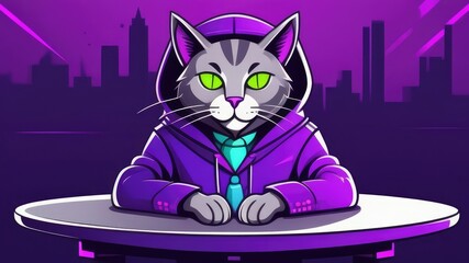 businessman cat in a purple suit sits at the table and looks at the camera on a purple neon background. Business concept. Businessman makes money. A blogger is blogging and looking at the camera.illus