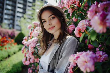 Sticker - Photo of pretty cute cheerful girl dressed trendy clothes walking in botany garden blooming flowers spring time outdoors