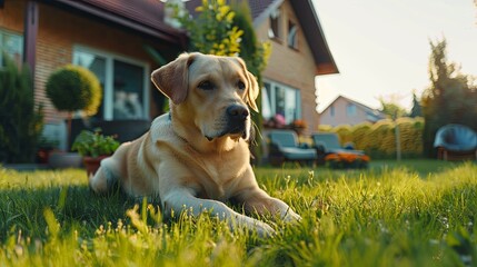 Cute dog pet sleeping on green grass summer on backyard concept wallpaper background