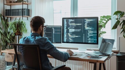 Programmer, web developer, designer working at office comparing mobile and desktop website versions
