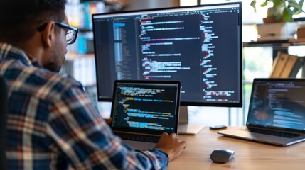 Programmer, web developer, designer working at office comparing mobile and desktop website versions