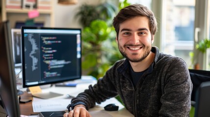 Smiling young programmer staring straight at camera while sitting at his desk