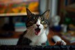 Erschrockene und überraschte Katze mit offenem Mund, Konzept Überraschung