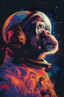 Schimpanse, Pop-Art eines imaginären Astronauten-Schimpansen, der die Sterne betrachtet, schwarzer Hintergrund