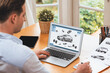 Car design engineer analyze car prototype for automobile business at home office. Automotive engineering designer carefully analyze, finding flaws and improvement for car design with laptop Synchronos