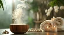 Aromatherapy Bowl With Steam, Surrounded By Candles And Towels In A Tranquil Spa Setting