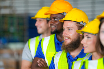 group worker factory men and women standing with confidence and success. people working in workplace of industrial heavy machine factory. young adult in career of industry of technology machinery.