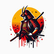© Herman Antoni - vector illustration of samurai warrior, side view,  isolated on white background with a red splashes and yellow sun