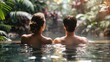 man and woman back view enjoying spa in thermal water bath on nature background commercial close up photo --ar 16:9 --v 6 Job ID: 9eb4e946-6b13-4875-9bcd-fc16ecbfd3e6