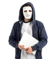 Wall Mural - Hacker in mask with laptop on white background