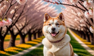 a tan and white akita dog sits under a cherry blossom tree.