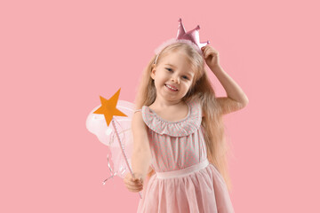 Sticker - Cute little fairy with magic wand on pink background