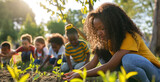 Fototapeta Uliczki - Diverse Group of Children Learning Gardening Outdoors in the Sunlight. 