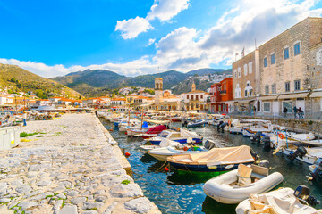 Wall Mural - The harbor and port at the Greek island waterfront village of Hydra, one of the Saronic islands of Greece.	