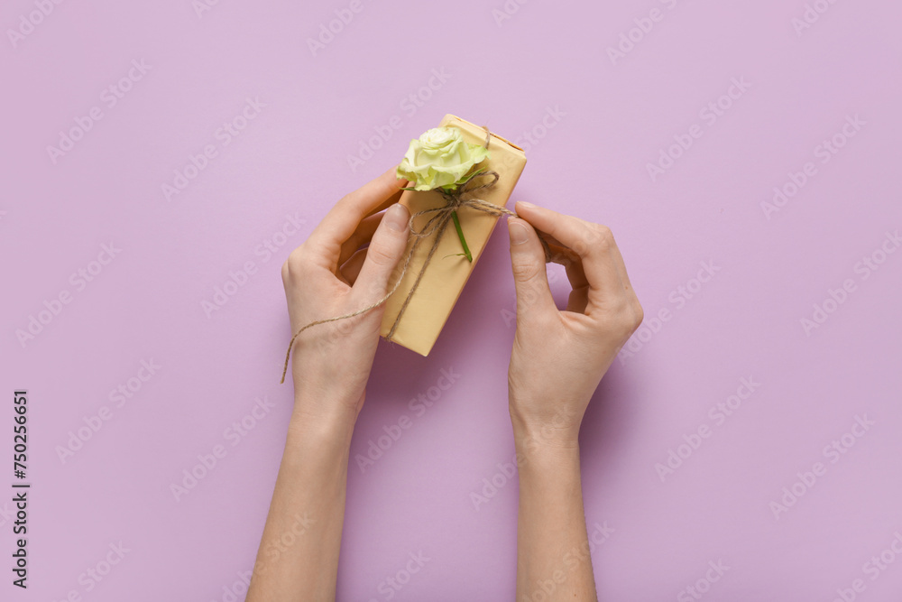 Female hands with gift box and beautiful white rose on lilac background. International Women's Day