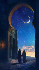 Poster - Muslims Go to pray to the Mosque at night with stars and crescent moon