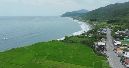 Sticker - Drone fly over the hualien rice field beside the sea coast