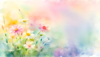 Sticker - A watercolor style illustration of spring flowers in pastel colors and soft green background with open space for text. 