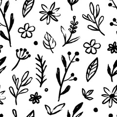 Aufkleber - Abstract flower doodle brush seamless pattern. Sketch hand drawn spring floral plant, nature graphic leaf, scribble grunge brush texture black and white ink seamless pattern. Vector illustration