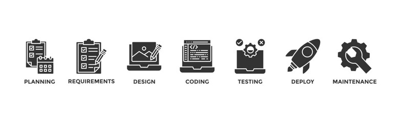 Software development life cycle banner web icon vector illustration concept of sdlc with icon of planning, requirements, design, coding, testing, deploy and maintenance	