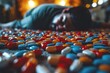 A distressing scene of an unconscious man surrounded by a multitude of colorful pills, highlighting the dangers of overdose