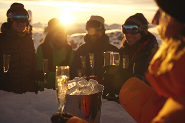 guests of different ethnic backgrounds gather at an ice bar under the gentle illumination of candlelight, in North or Latin America.