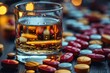 A glass of amber-colored whiskey, clarified and centered, surrounded by various colorful pills on a dark backdrop