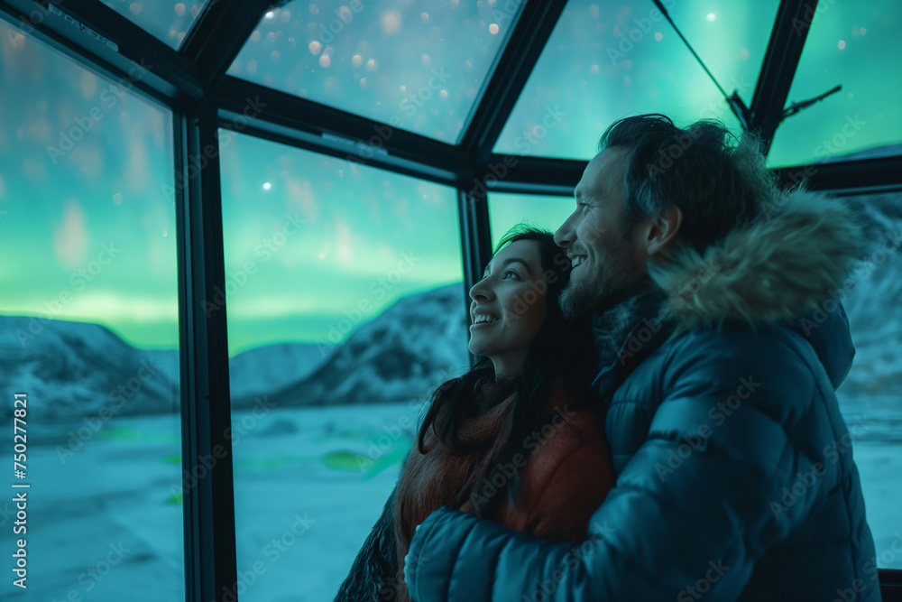 various ethnicities looking out at the aurora borealis from a glass ...