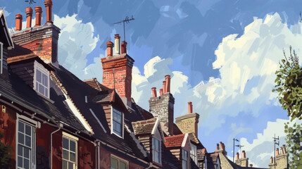 Wall Mural - A view of a townhouse rooftop with chimneys and gables set against a blue sky.