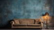 Retro style brown leather sofa with unique design details on a vibrant blue background. This elegant sofa adds a touch of sophistication to any modern or classic interior decor setting.