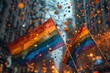 Fluttering rainbow pride flags take center stage, highlighted by a magical bokeh effect from surrounding lights