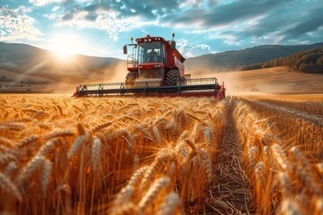 Majestic image of a red combine harvester cutting through wheat fields as the sun rises behind the hills