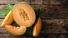 Cantaloupe On Wooden Table. Rustic Tabletop With Fresh Cantaloupe. Top View