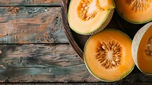 Cantaloupe On Wooden Table. Rustic Tabletop With Fresh Cantaloupe. Top View