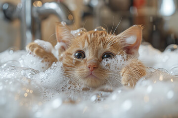 Wall Mural - It's a bubble bath. Just be patient. Cute cat being shampooed in a grooming salon. Although he looks a little uncomfortable, he looks like he's enjoying it. Concept about cats and cleanliness.