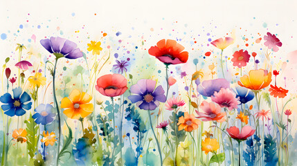 a field of flowers, field of very colorful flowers made with watercolor