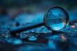 A magnifying glass with crisp water droplets resting on a dark, reflective wet surface, conveys inquisitiveness